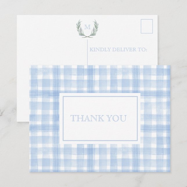 Blue Gingham Laurel Crest Thank You Postcard (Front/Back)