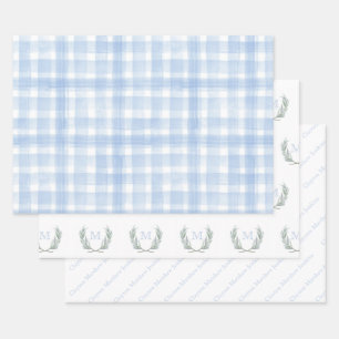 Blue Gingham Laurel Crest Wrapping Paper Sheet