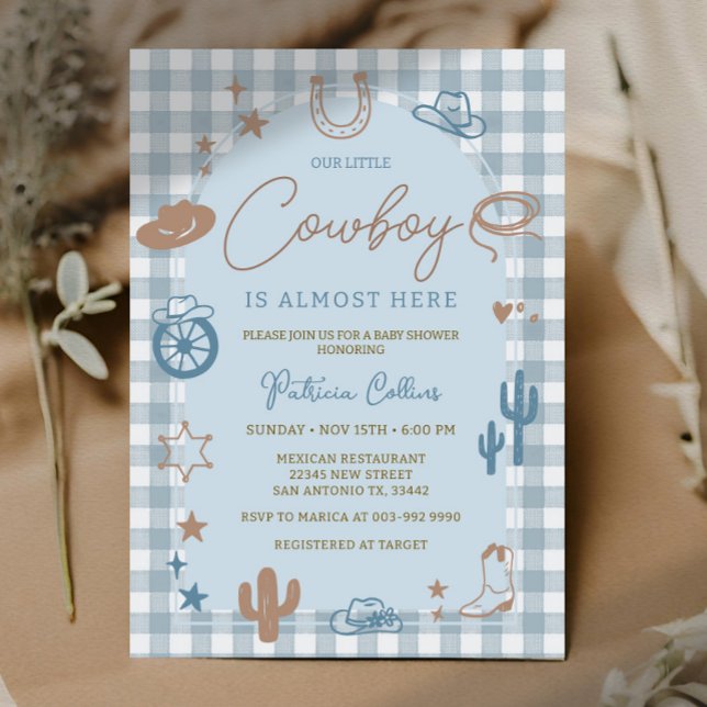 Blue Gingham Little Cowboy Wild West Baby Shower Invitation (Creator Uploaded)