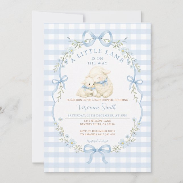 Blue Gingham Little Lamb Baby Shower Invitation (Front)