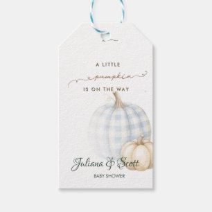 Blue Gingham Little Pumpkin Boy Baby Shower Gift Tags