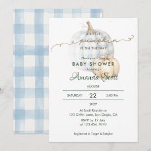 Blue Gingham Little Pumpkin Boy Baby Shower   Invitation