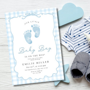 Blue Gingham Minimalist Baby Boy Shower Footprints Invitation