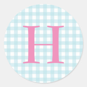 Blue Gingham Monogram Classic Round Sticker