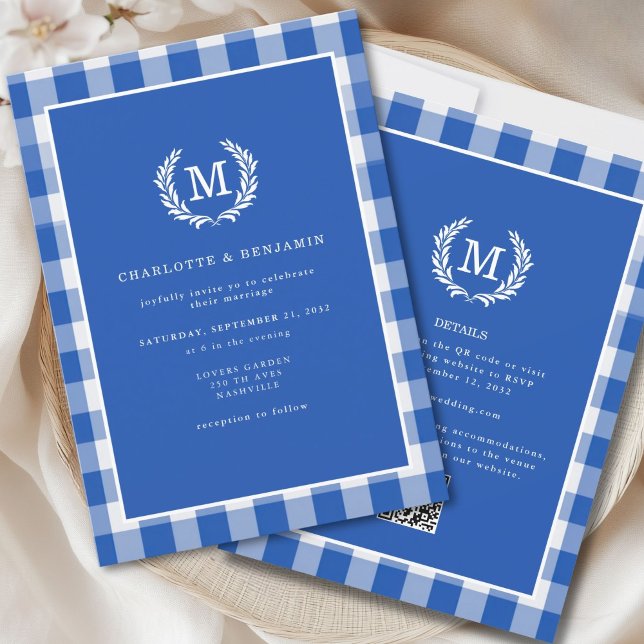 Blue Gingham Monogram Crest  QR Code Invitation (Blue Gingham Monogram Crest QR Code Invitation for Details and RSVP. )