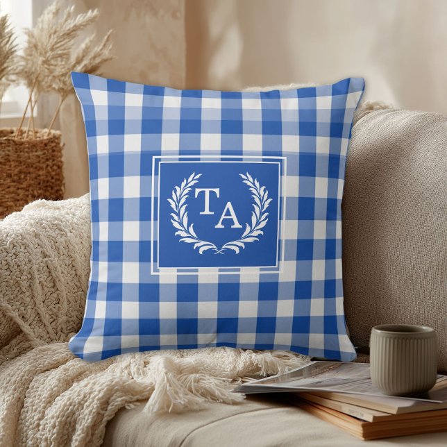 Blue Gingham Monogram Crest Throw Pillow (Blue Gingham Monogram Crest Throw Pillow)