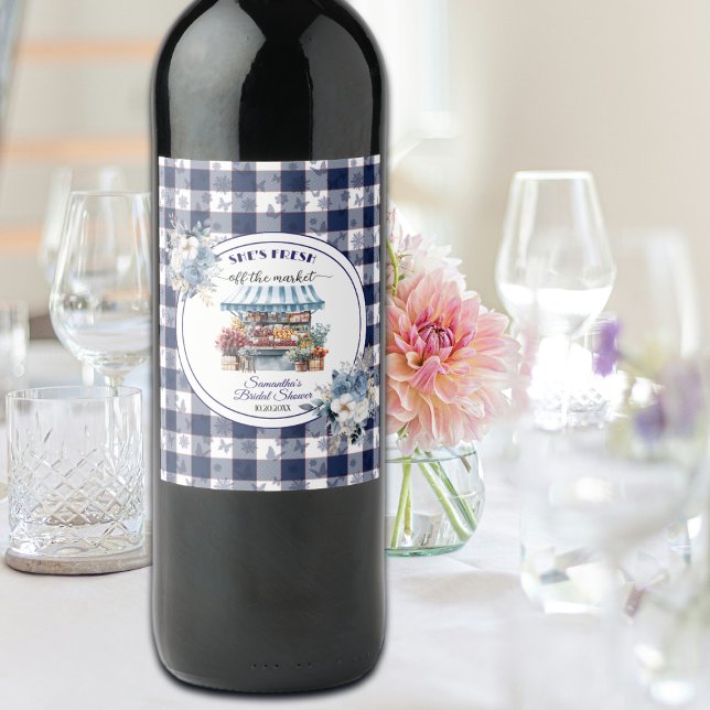 Blue Gingham Off the Market Floral Bridal Shower Wine Label (Creator Uploaded)