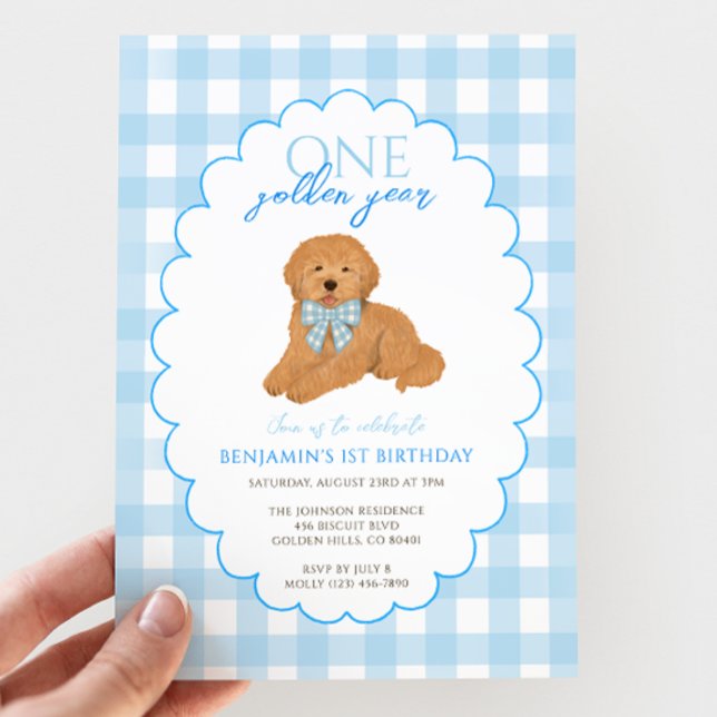 Blue Gingham One Golden Year 1st Birthday Puppy Invitation (Creator Uploaded)
