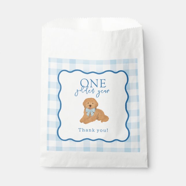 Blue Gingham One Golden Year Boys First Birthday Favour Bag (Front)