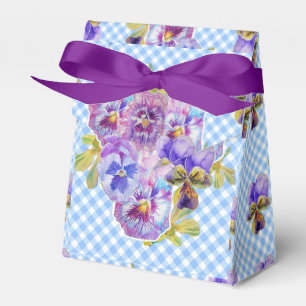 Blue Gingham Pansy Floral Wedding Cake Favour  Favor Box