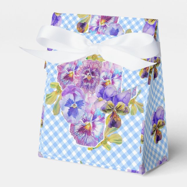 Blue Gingham Pansy Floral Wedding Party Cake Favor Box (Front Side)