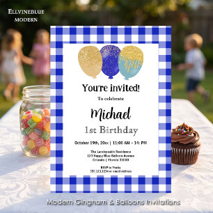 Blue Gingham, Party Balloons 1st Birthday Invitation