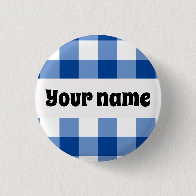 Blue gingham pattern 1 inch round button (Front)