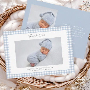 Blue Gingham Pattern Boys Photo Thank You Card