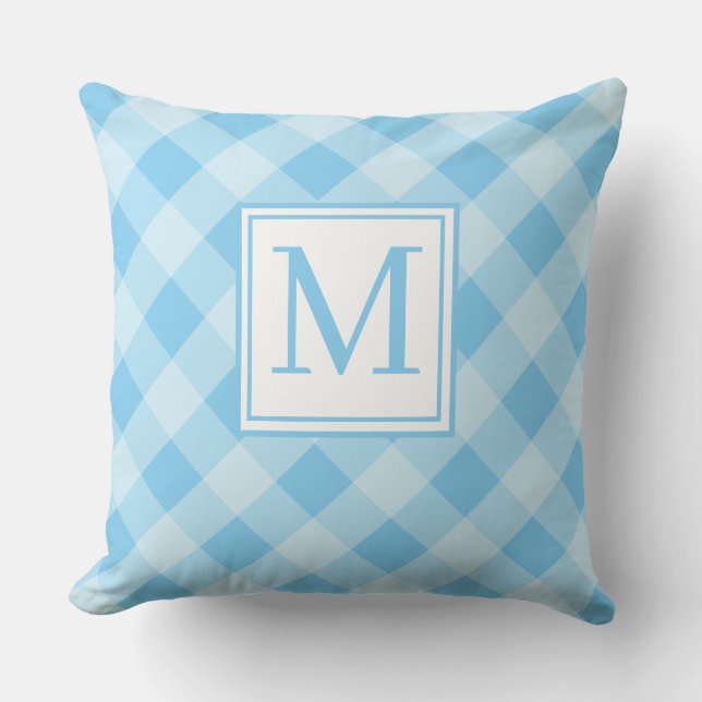 Blue Gingham Pattern Monogram Initial Throw Pillow (Front)