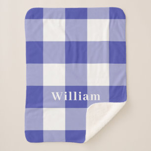 Blue Gingham Pattern Monogram Name Sherpa Blanket
