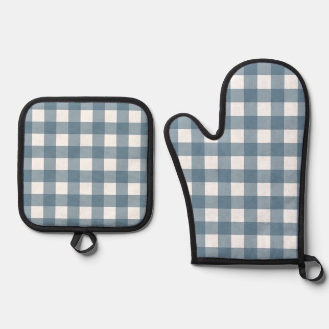 Blue Gingham Pattern Oven Mitt & Pot Holder Set (Front)
