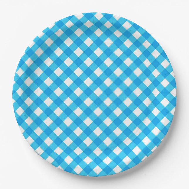 Blue Gingham Pattern Paper Plate (Front)