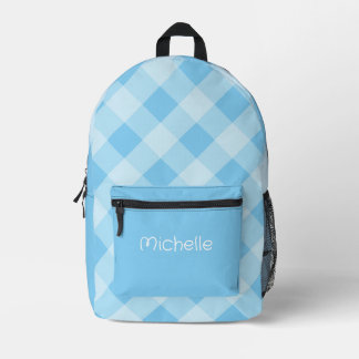 Blue Gingham Pattern Personalized Name  Printed Backpack