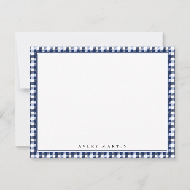 Blue gingham pattern personalized Stationery Card (Front)