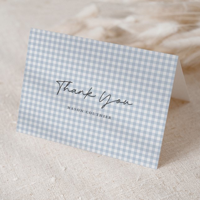 Blue Gingham Pattern Script Folded  Thank You Card (Blue Gingham Check Baby Boys Folded Photo Thank You Note Cards.)