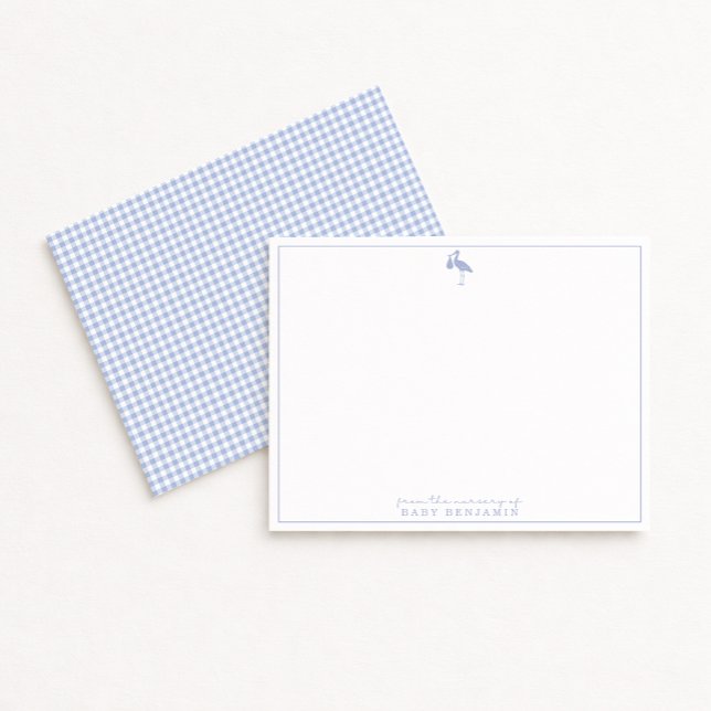 Blue Gingham Pattern Stork Nursery Note Card (Creator Uploaded)