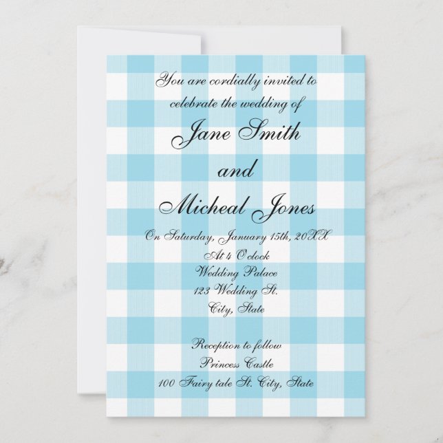 Blue gingham pattern wedding invitations (Front)