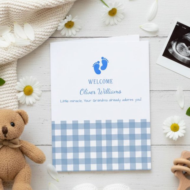 Blue Gingham Personalized Baby Welcome Card  (Creator Uploaded)