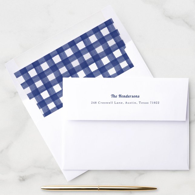 Blue Gingham Personalized Return Address Envelope (Blue and white gingham liner inside a fun return address envelope.)
