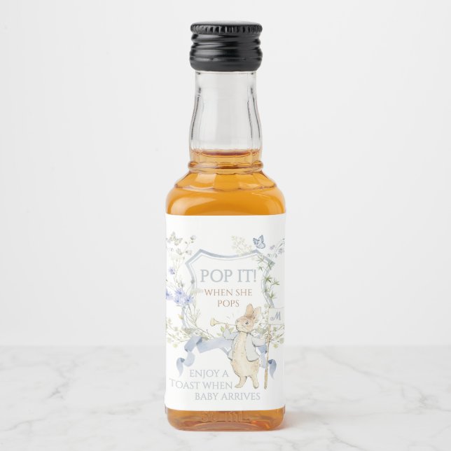 Blue Gingham Peter the Rabbit Baby Shower MUTED BL Liquor Bottle Label (Front)