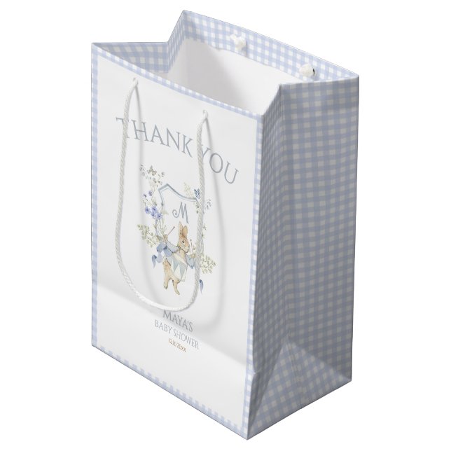 Blue Gingham Peter the Rabbit Baby Shower MUTED BL Medium Gift Bag (Front Angled)
