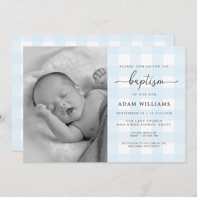 Blue Gingham Photo Baptism Invitation (Front/Back)