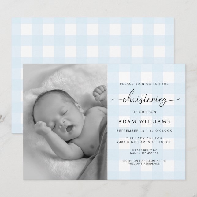 Blue Gingham Photo Christening Invitation (Front/Back)