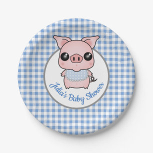 Blue Gingham Piggy Baby Shower Paper Plate