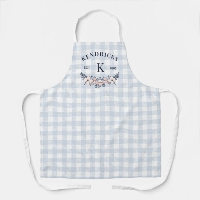 Blue Gingham Pink Floral Family Monogram Apron (Front)