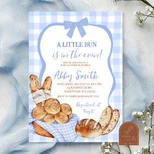 Blue Gingham Plaid Bun in the oven baby shower Inv Invitation