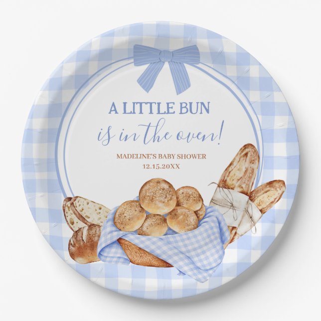 Blue Gingham Plaid Bun in the oven Paper Plate (Front)
