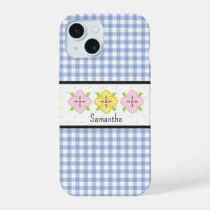 Blue Gingham Plaid Floral Monogram iPhone 15 Case