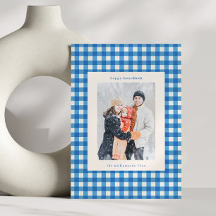 Blue Gingham Plaid Hanukkah Photo Custom Message Holiday Card
