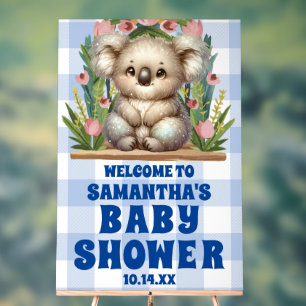 Blue Gingham Plaid Koala Baby Shower Welcome Acrylic Sign