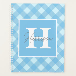 Blue Gingham Plaid Monogram and Name Personalized Planner