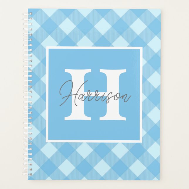 Blue Gingham Plaid Monogram and Name Personalized  Planner (Front)
