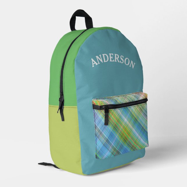 Blue Gingham Plaid Pattern Personalized Name Printed Backpack (Back Corner Left)