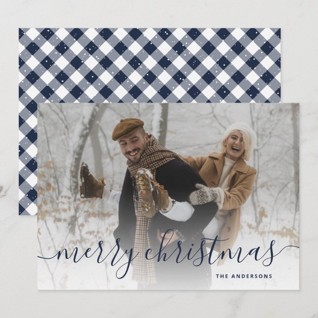 Blue Gingham Plaid Photo Merry Christmas Holiday Card (Front/Back)