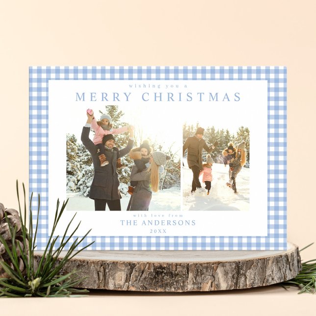 Blue Gingham Plaid Two Photo Holiday Card (Creator Uploaded)