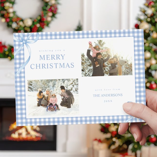 Blue Gingham Plaid Two Photo Holiday Card (Creator Uploaded)