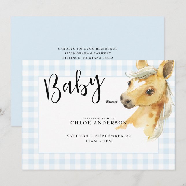 Blue Gingham Pony Baby Shower Invitation (Front/Back)