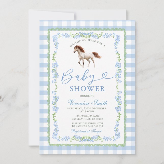 Blue Gingham Pony Baby Shower Invitation (Front)