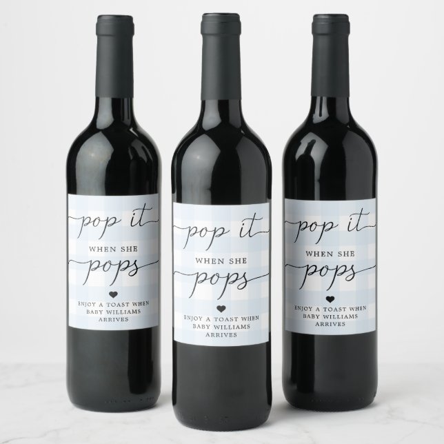 Blue Gingham Pop It When She Pops Favour Wine Labe Wine Label (Bottles)