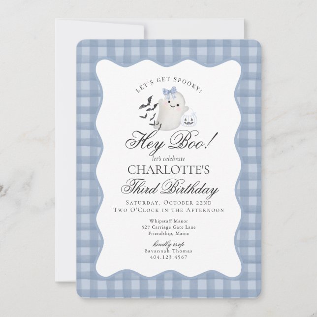 Blue Gingham Preppy Ghost Hey Boo Birthday Invitation (Front)